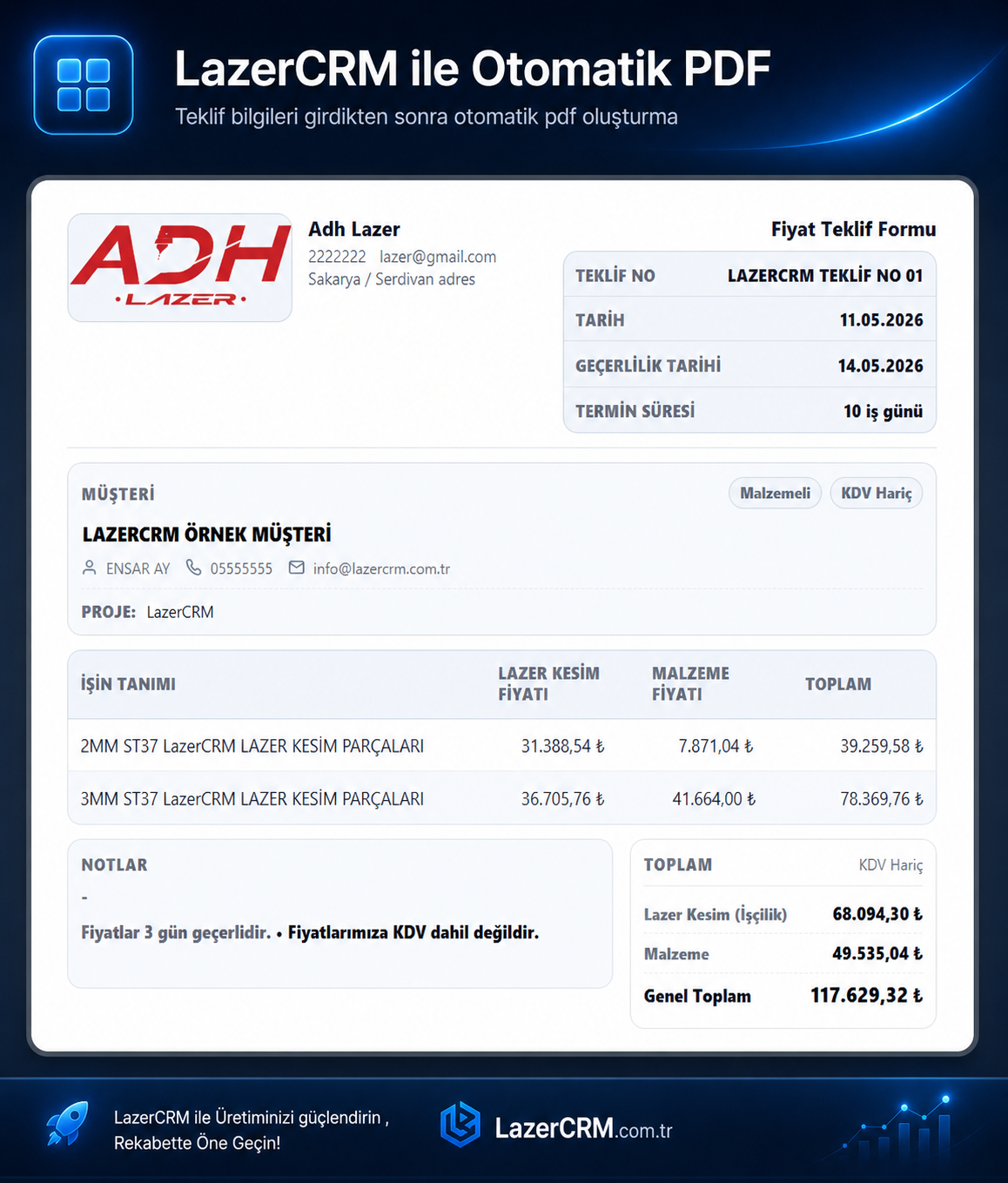 LazerCRM'de yönlendirmelere göre otomatik oluşturulan lazer kesim teklifinin kurumsal PDF formatında müşteriye hazırlanıp iletildiği ekran.
