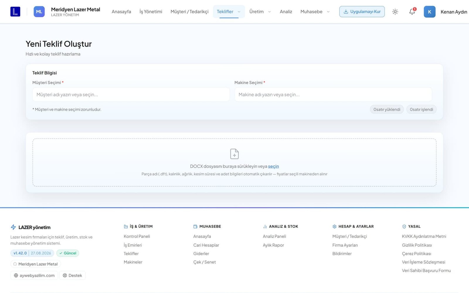 LazerCRM yeni teklif oluşturma ekranı — DOCX dosyası yükleme alanı