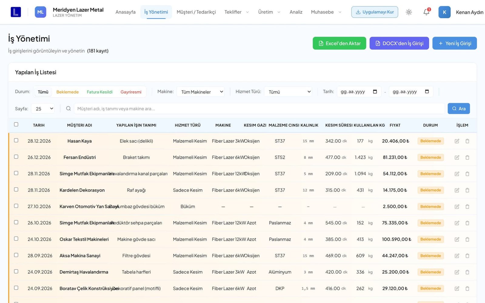 LazerCRM iş yönetimi ekranı — yapılan iş listesi ve filtreler