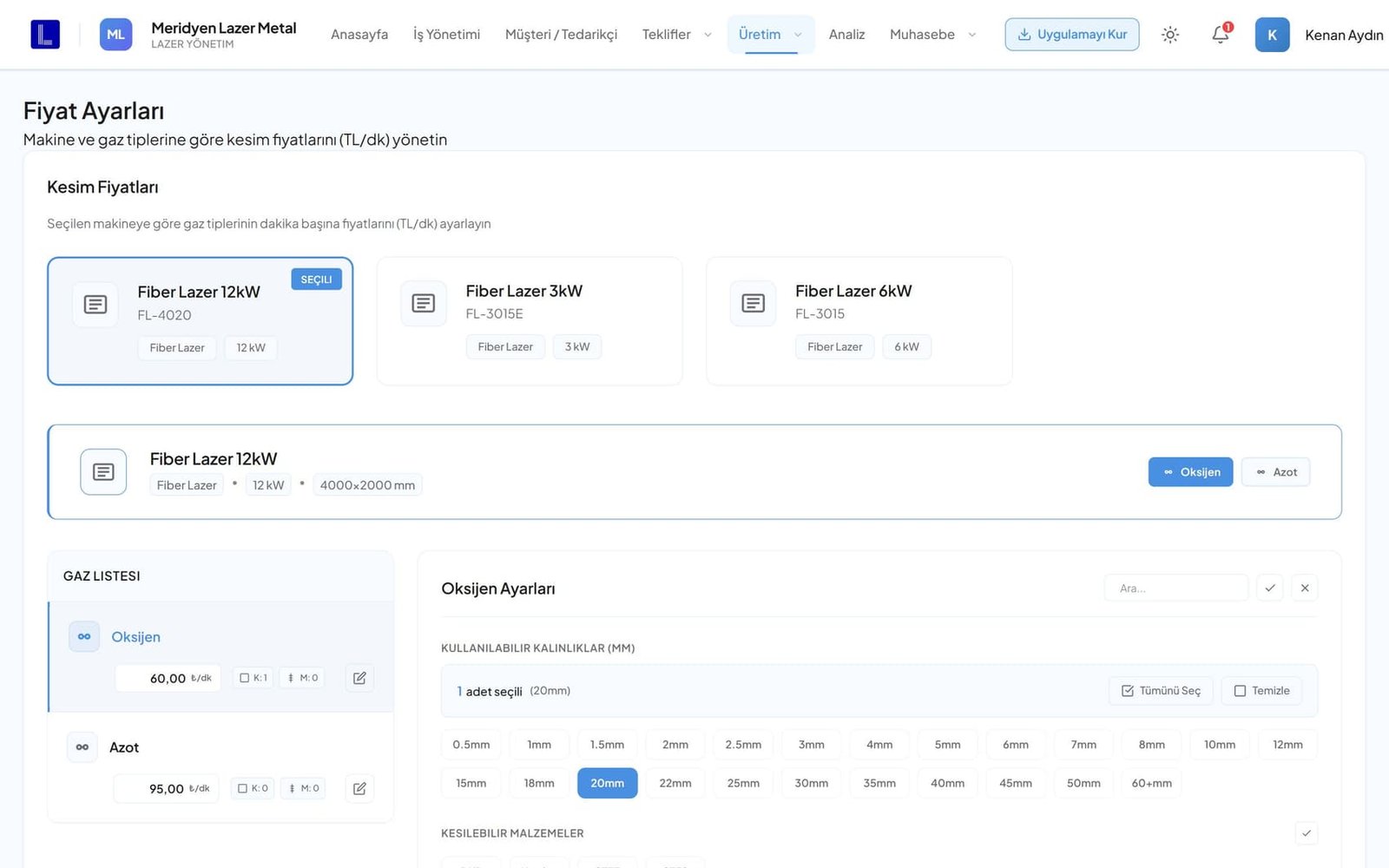 LazerCRM kesim fiyatları ekranı — makine, gaz ve kalınlık kırılımı