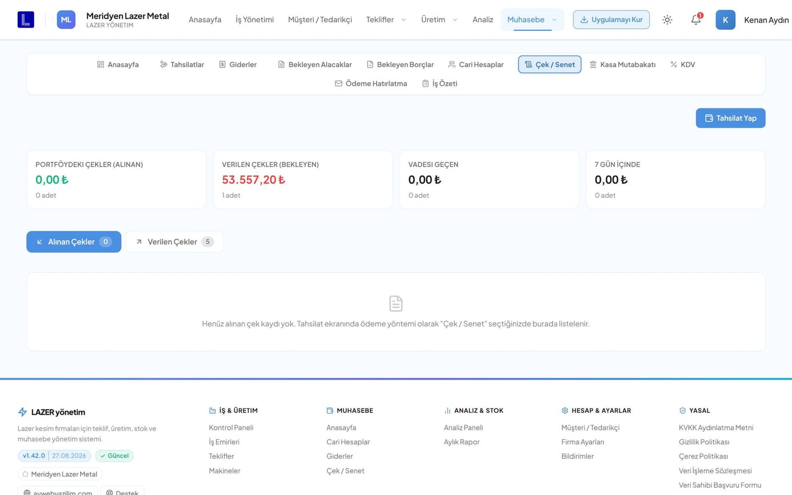 LazerCRM çek ve senet takibi ekranı